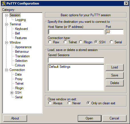 PuTTY界面,请勿忘记填写您的HPC登录节点主机名