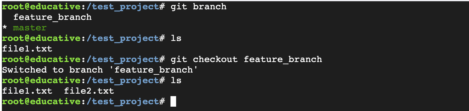 master 分支只有一个文件,而 feature_branch 分支会有两个文件:'file1.txt' 和 'file2.txt'。